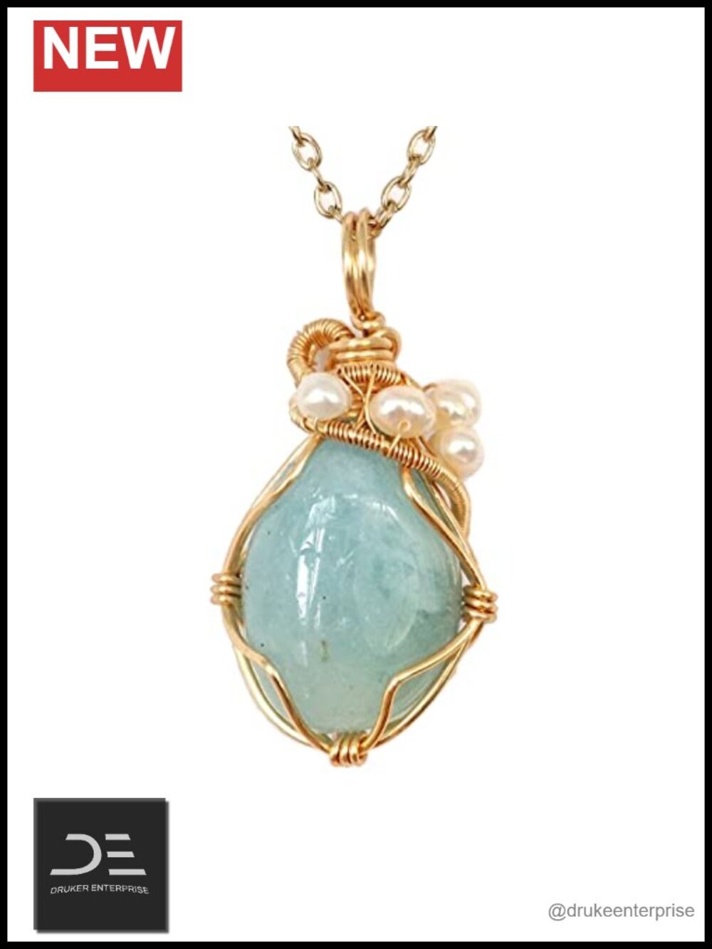 Handmade Gold Plated Aquamarine & Freshwater Pearl Pendant Necklace, Birthstone